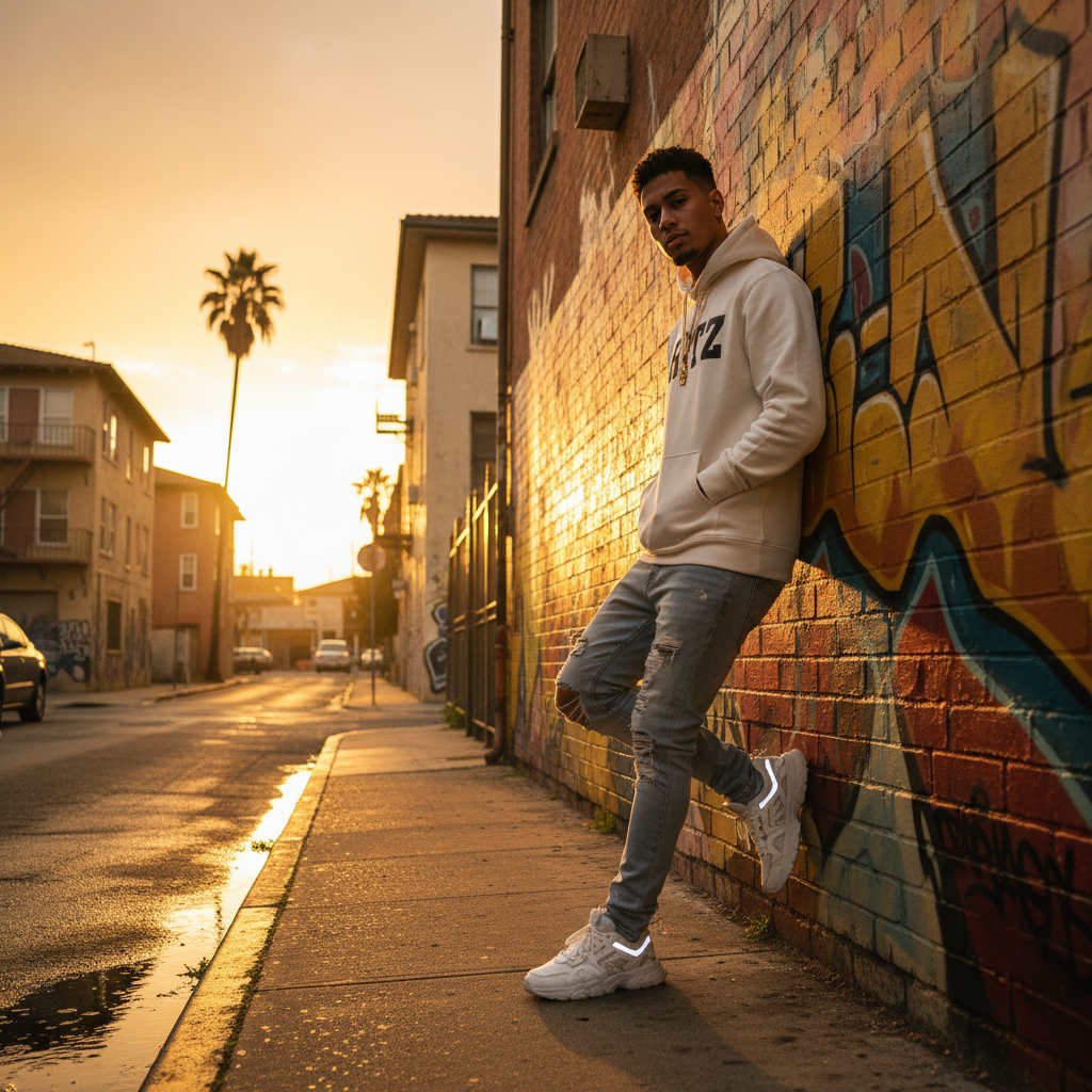 Man in streetwear hoodie and jeans against a graffiti wall at sunset