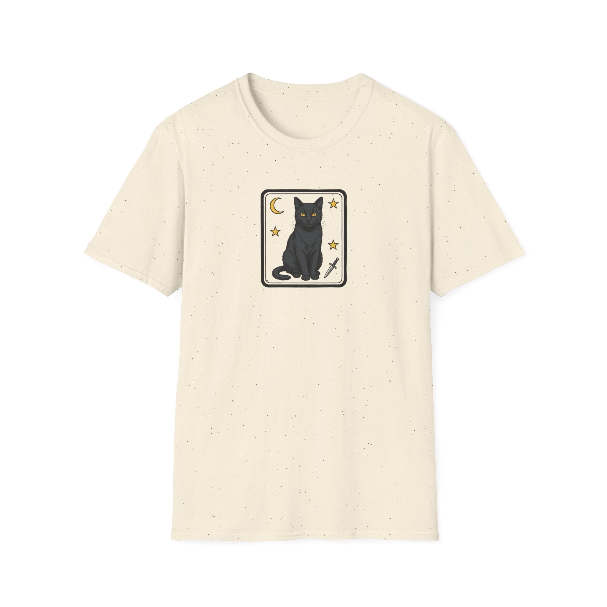 Mystical Black Cat Tarot Card Unisex T-Shirt | Gothic Moon and Dagger Graphic Tee