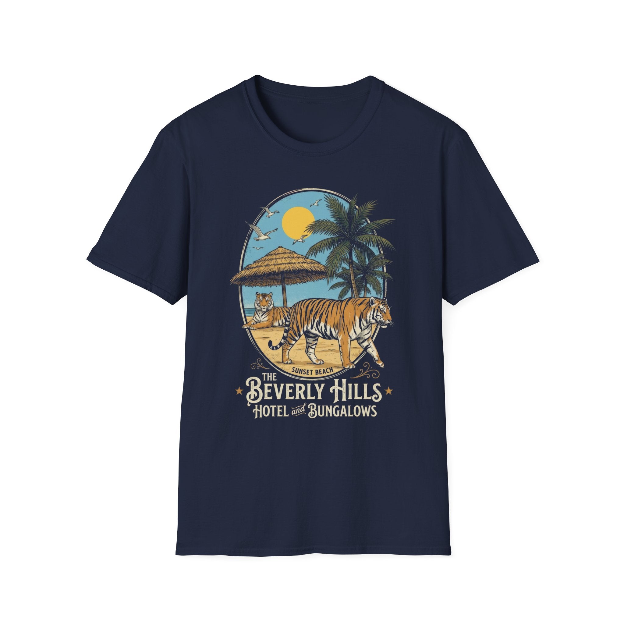 Vintage Sunset Beach Tiger Graphic T-Shirt - Beverly Hills Hotel Style