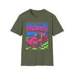 Olive t-shirt with pink race car graphic and 'FULLSPIN' text on checkered background