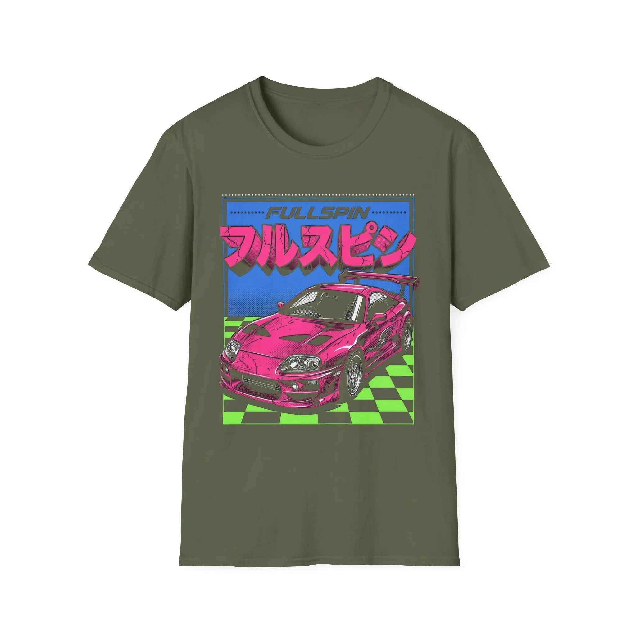 Olive t-shirt with pink race car graphic and 'FULLSPIN' text on checkered background