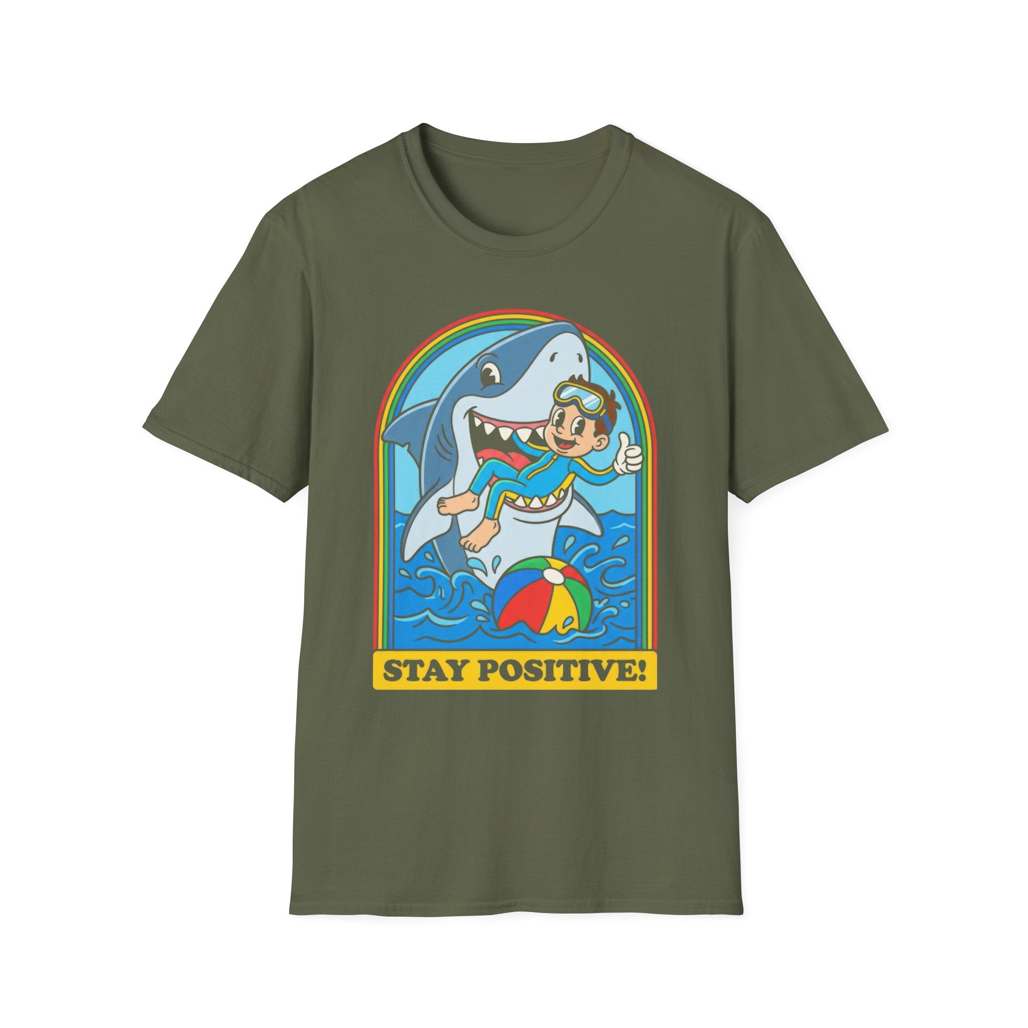 Stay Positive Shark Graphic T-Shirt - Retro Cartoon Ocean Fun Tee