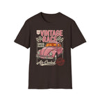 Vintage race t-shirt with pink classic car, checkered flags, and 'Air Cooled' text design