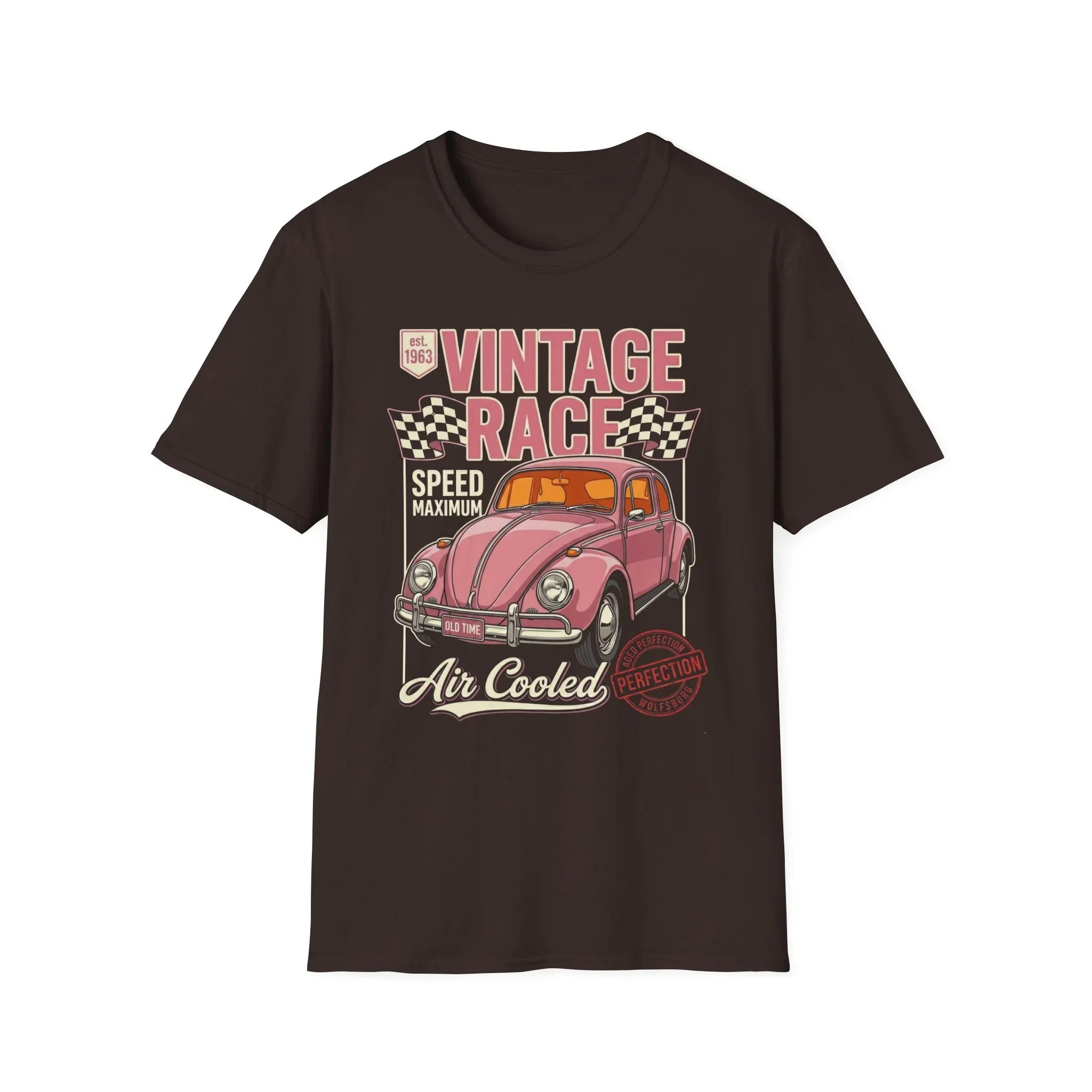 Vintage race t-shirt with pink classic car, checkered flags, and 'Air Cooled' text design