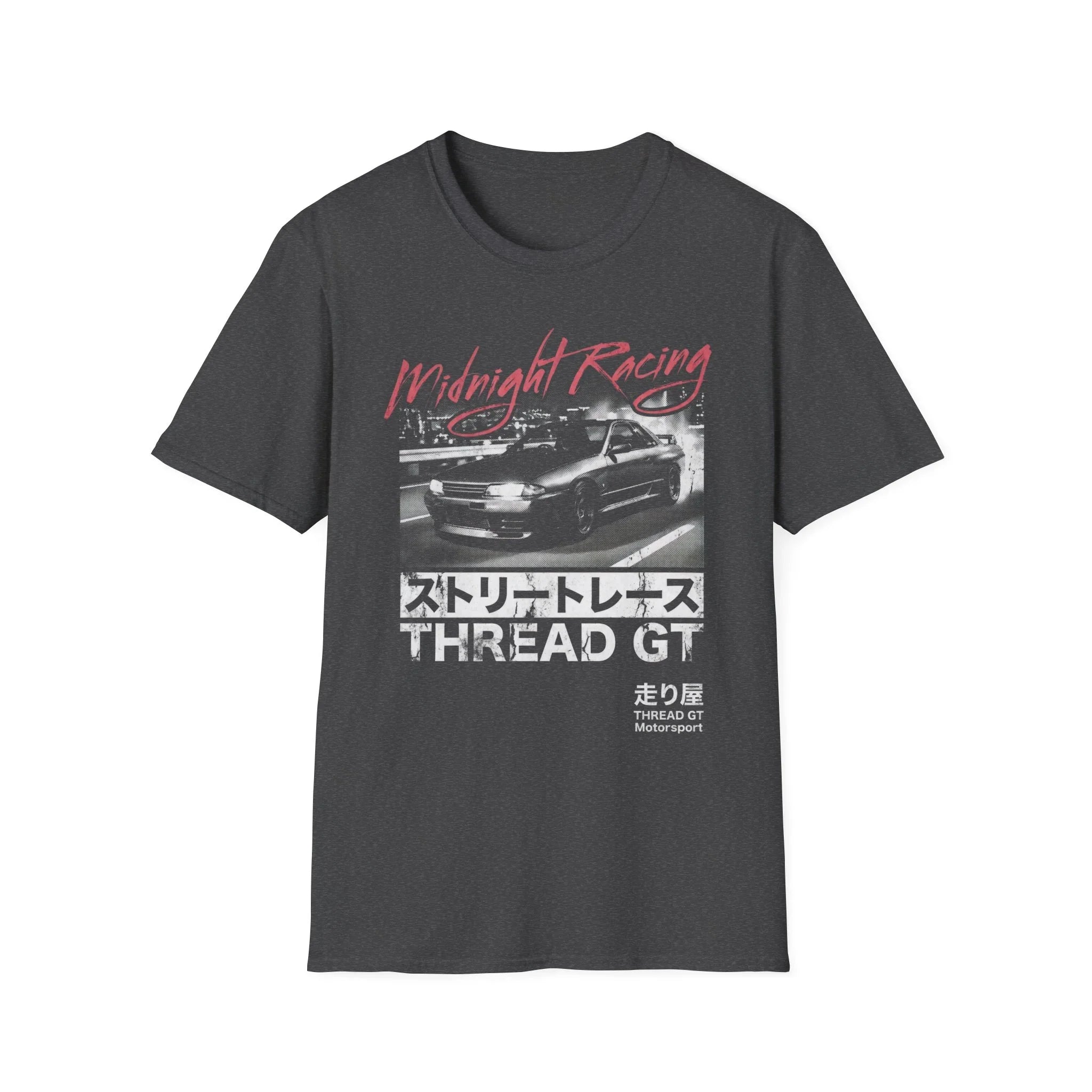 Midnight Racing street race t-shirt with car graphic, Japanese text, and THREAD GT Motorsport design
