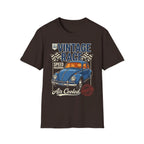 Vintage race t-shirt with blue classic car, checkered flags, and 'Air Cooled' text design