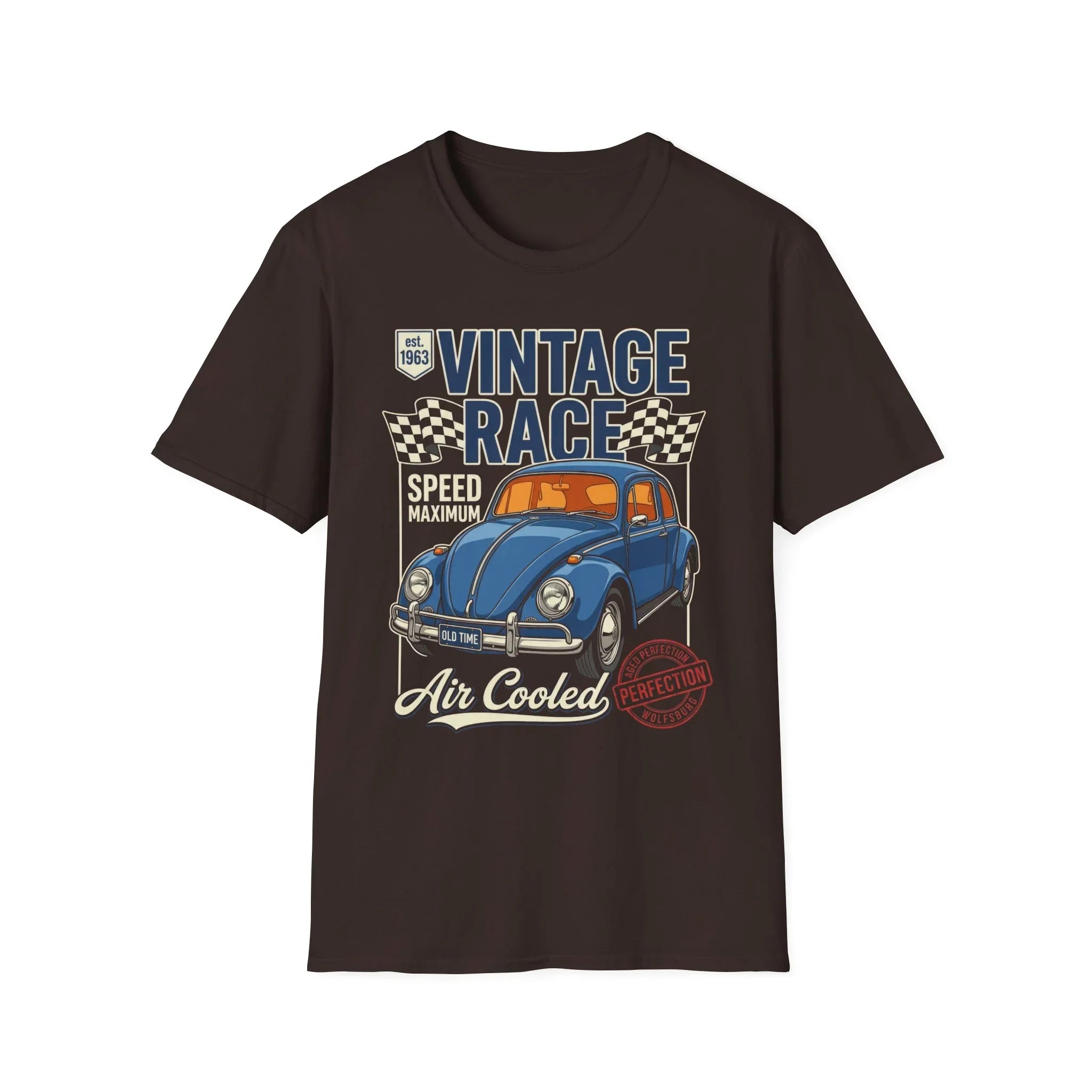 Vintage race t-shirt with blue classic car, checkered flags, and 'Air Cooled' text design