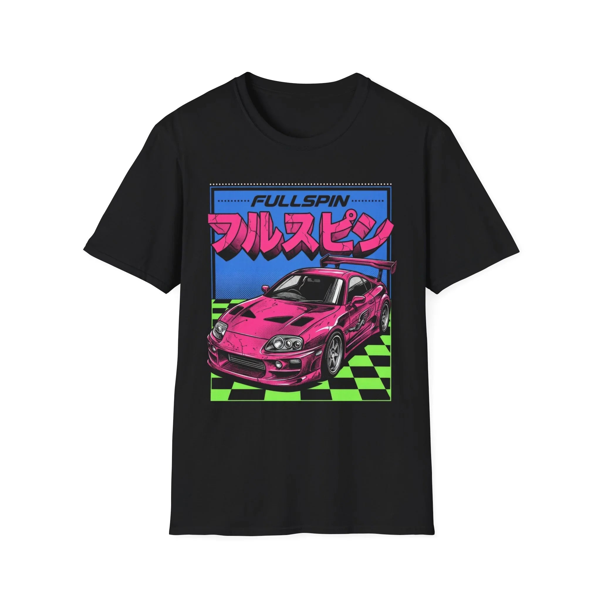 Black t-shirt with pink sports car graphic, 'FULLSPIN' text, and checkered green background