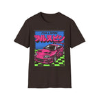 Pink sports car graphic t-shirt with 'FULLSPIN' text and checkered background