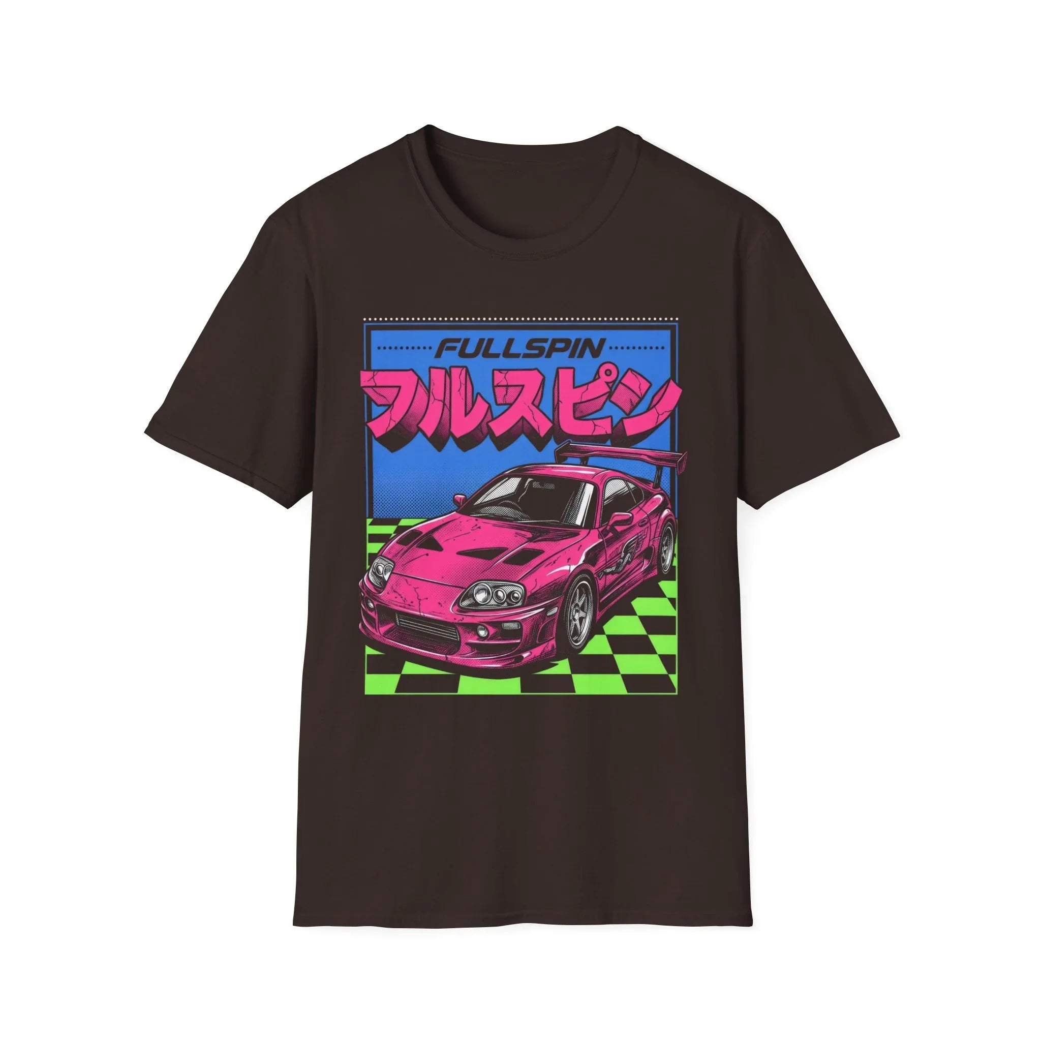Pink sports car graphic t-shirt with 'FULLSPIN' text and checkered background