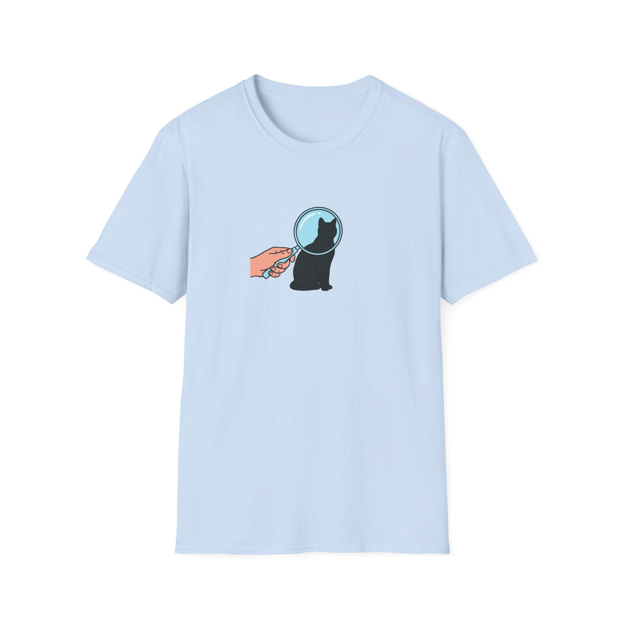 Minimalist Black Cat Magnifying Glass T-Shirt - Cute Pet Detective White Tee