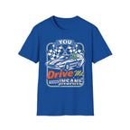 Blue t-shirt with racing car graphic and 'You Drive Me Insane' text
