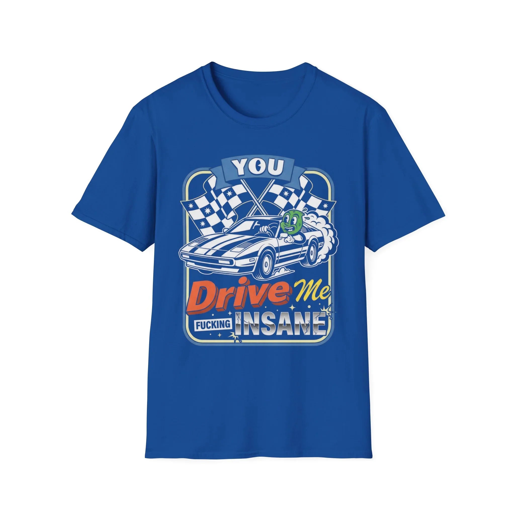 Blue t-shirt with racing car graphic and 'You Drive Me Insane' text