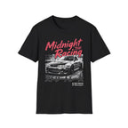 Black t-shirt with 'Midnight Racing' graphic and Japanese text, featuring a street race car design.