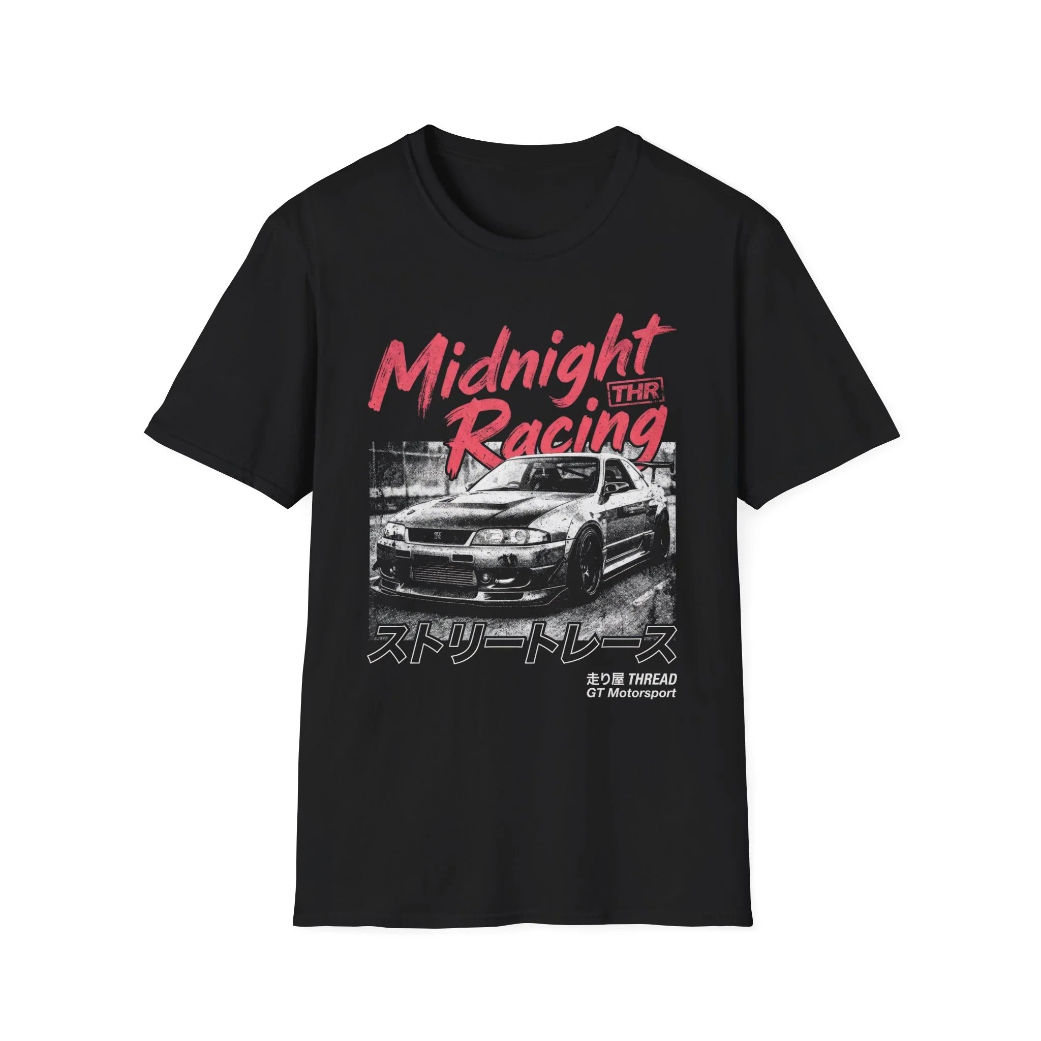 Black t-shirt with 'Midnight Racing' graphic and Japanese text, featuring a street race car design.