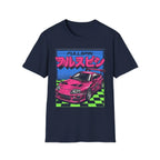 Navy t-shirt with pink sports car graphic, 'FULLSPIN' text, and Japanese characters on checkered green background