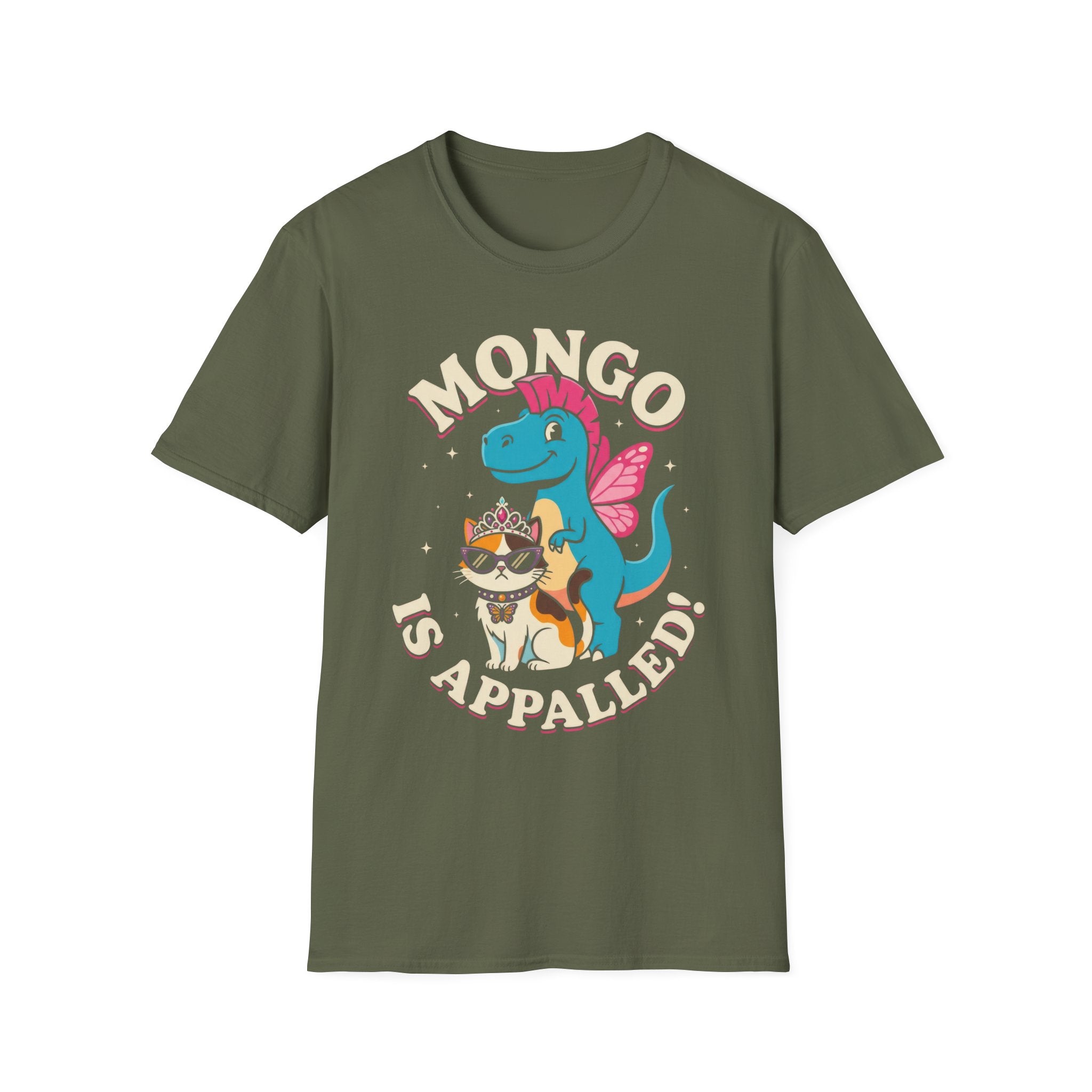 Mongo is Appalled Funny Graphic T-Shirt - Cute Dinosaur and Sassy Cat Tee
