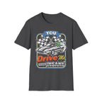 Funny racing t-shirt with car and checkered flags design