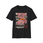 Black t-shirt with vintage pink Beetle race car graphic, checkered flags, 'Vintage Race' text, and 'Air Cooled' design