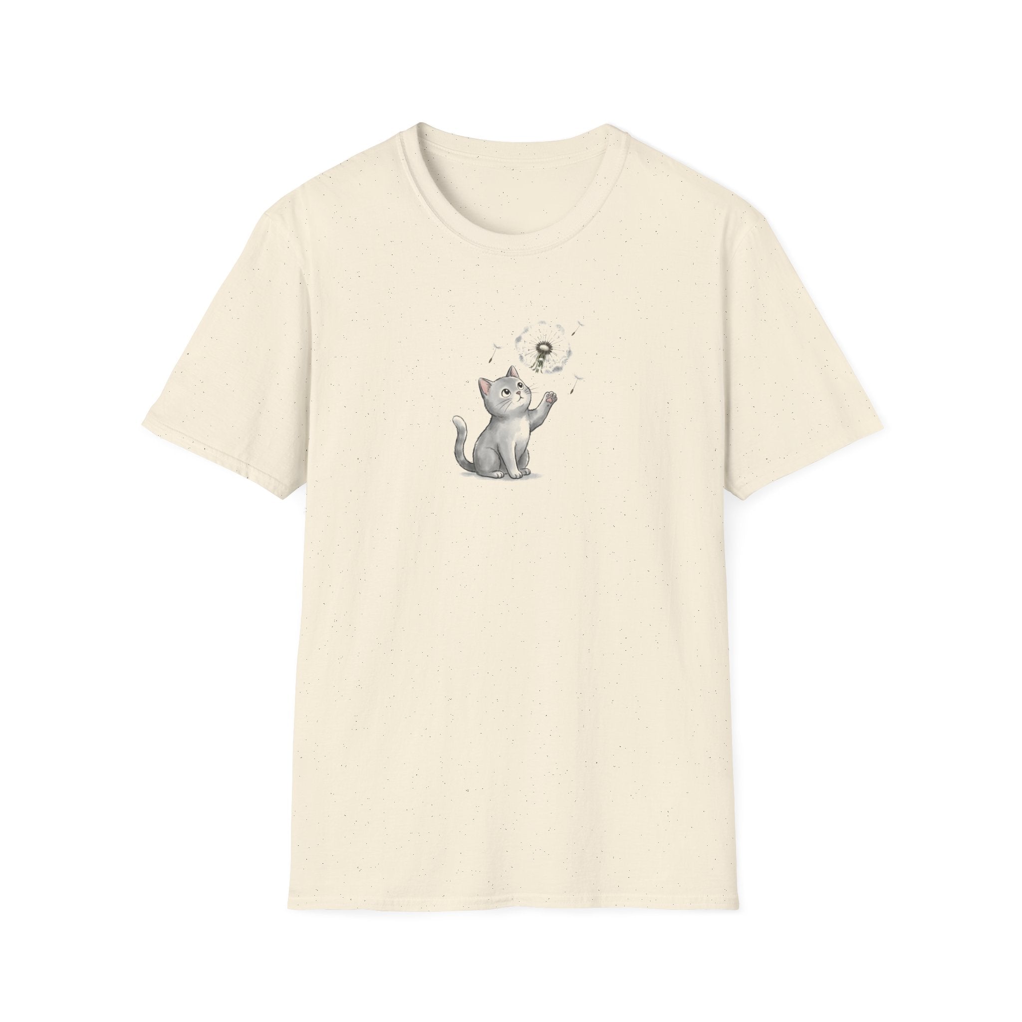 Whimsical Cat and Dandelion Unisex T-Shirt – Cute Kitten Graphic Tee