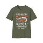 Vintage road racing t-shirt with classic muscle car graphic and 'Legendary Old School' text