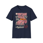 Vintage race car t-shirt with pink Beetle, checkered flags, and 'Air Cooled' text design