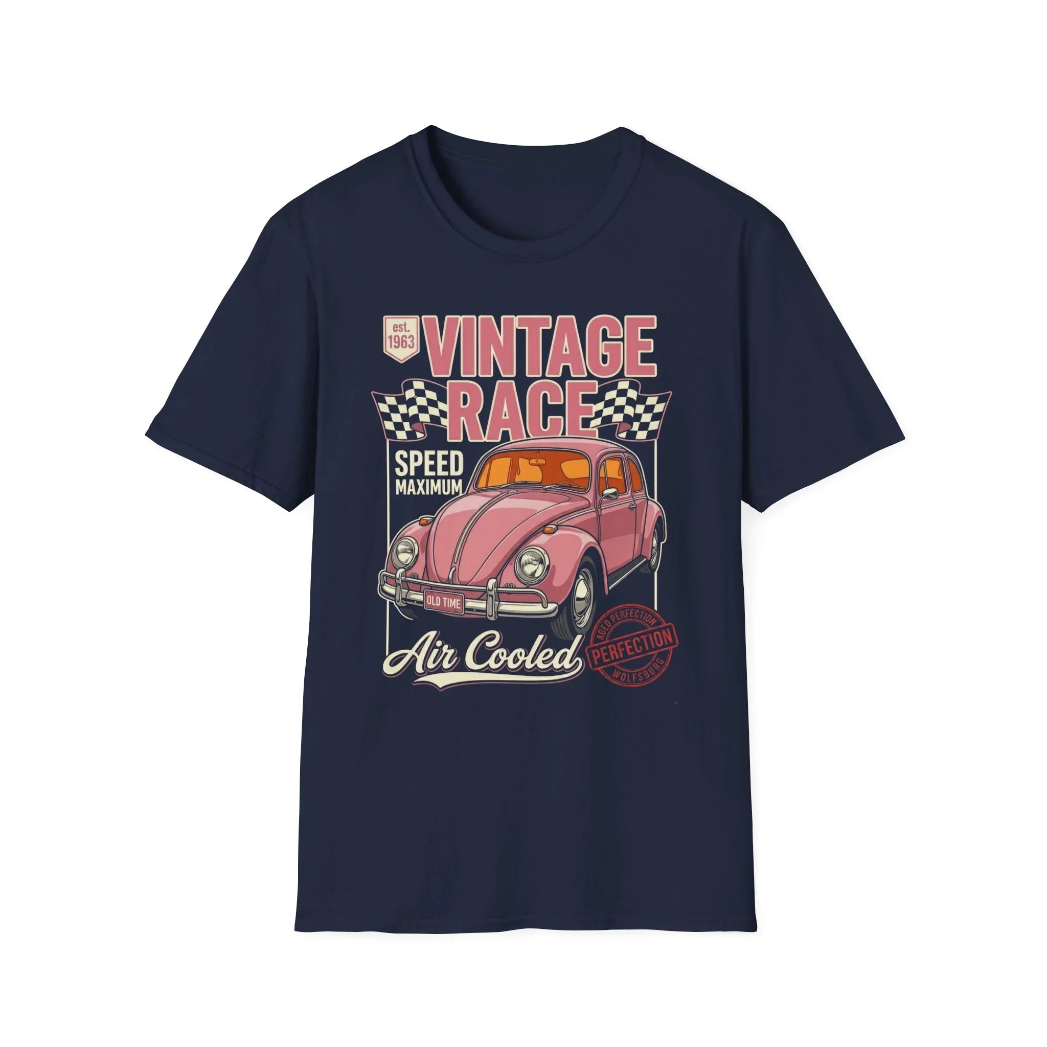 Vintage race car t-shirt with pink Beetle, checkered flags, and 'Air Cooled' text design