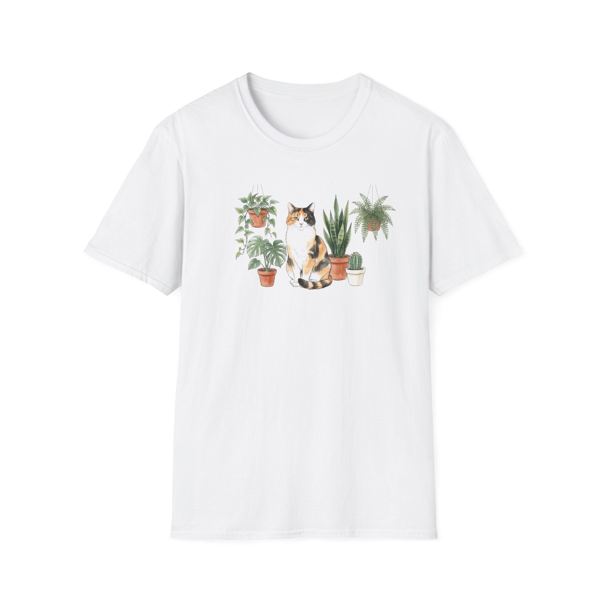 Vintage Calico Cat and Houseplants Unisex T-Shirt - Cute Botanical Cat Graphic Tee