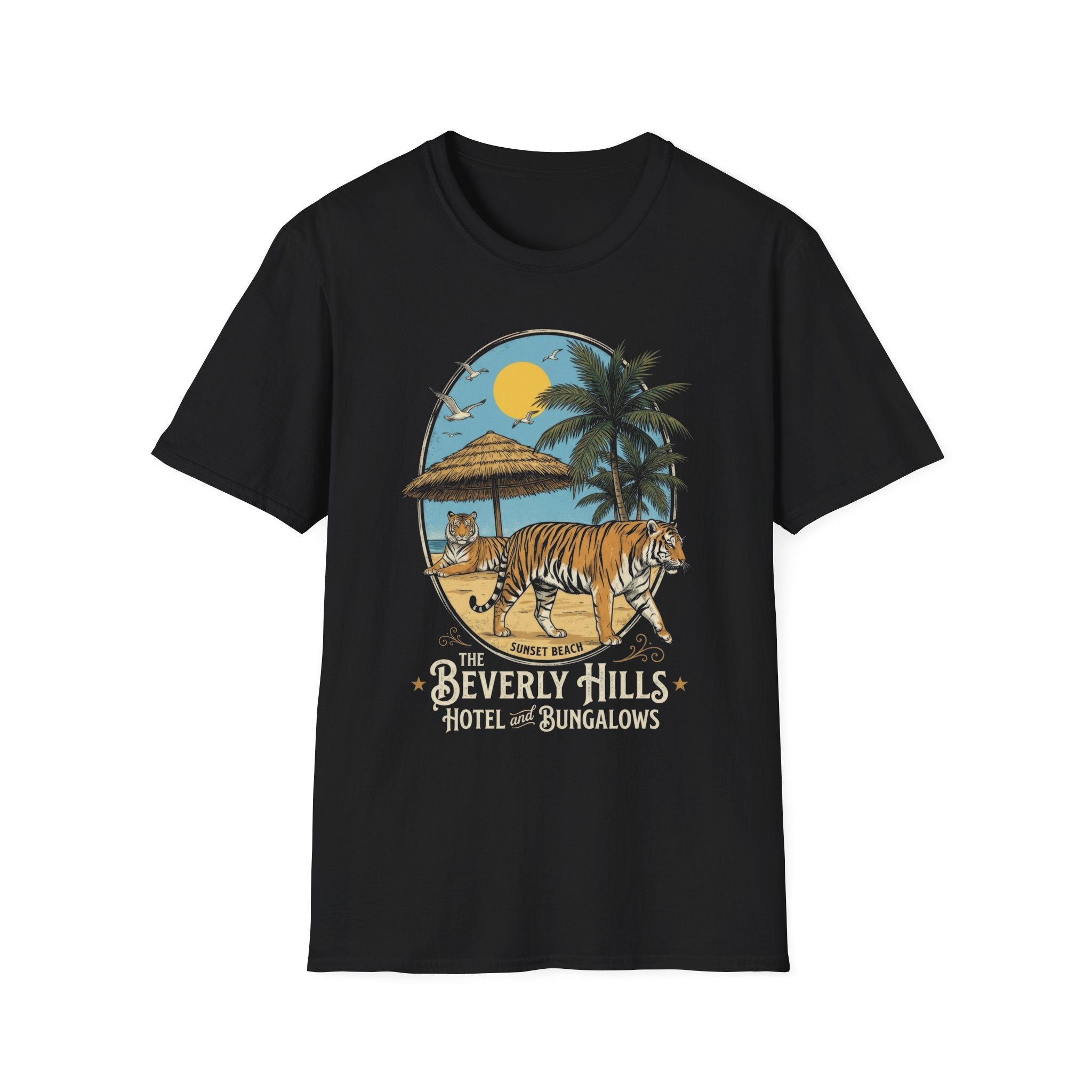 Vintage Sunset Beach Tiger Graphic T-Shirt - Beverly Hills Hotel Style