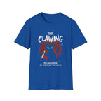 Blue Halloween T-shirt with 'The Clawing' cat design and spooky text for festive wear.