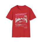 Red t-shirt with Midnight Racing graphic, featuring a sports car and Japanese text for street racing fans.