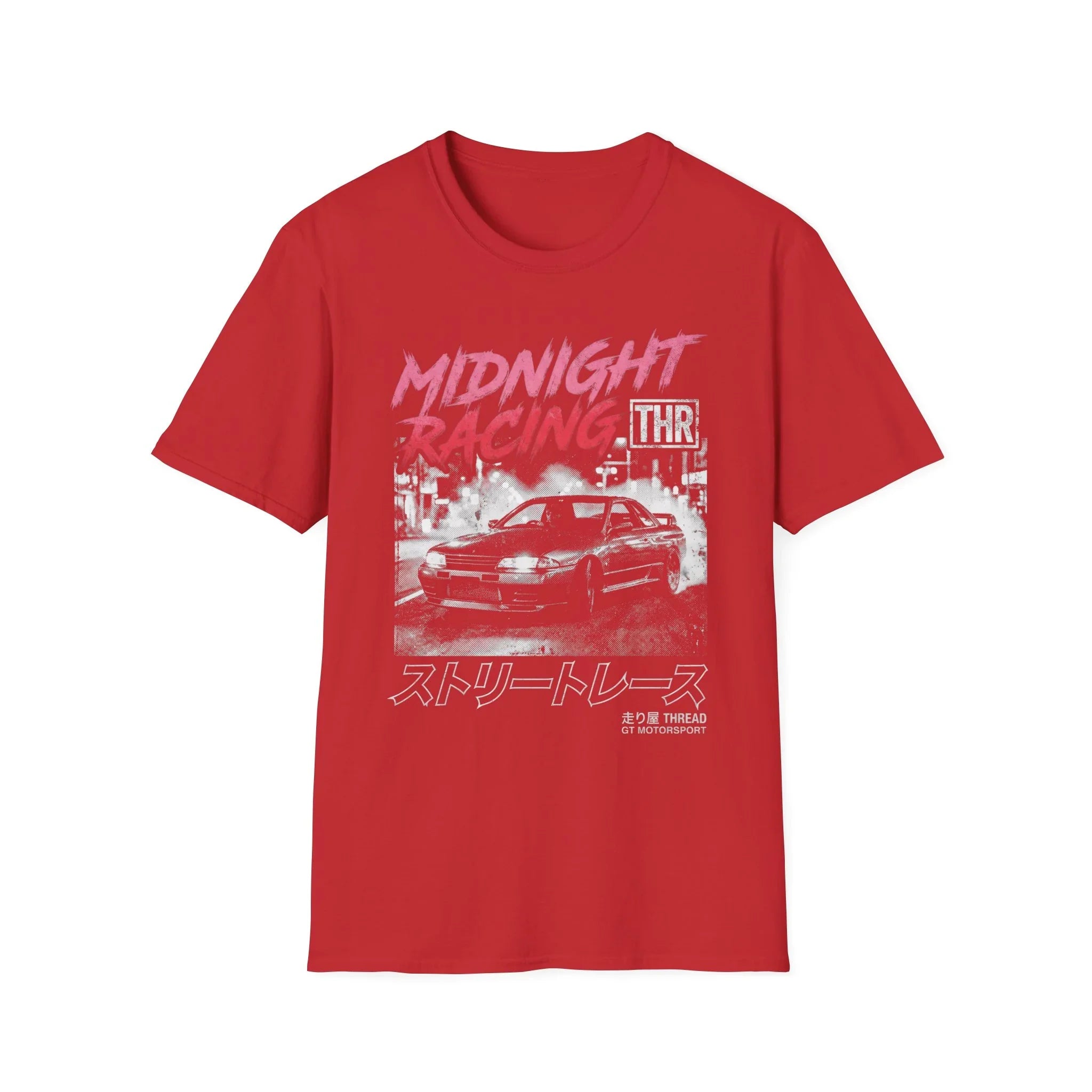 Red t-shirt with Midnight Racing graphic, featuring a sports car and Japanese text for street racing fans.