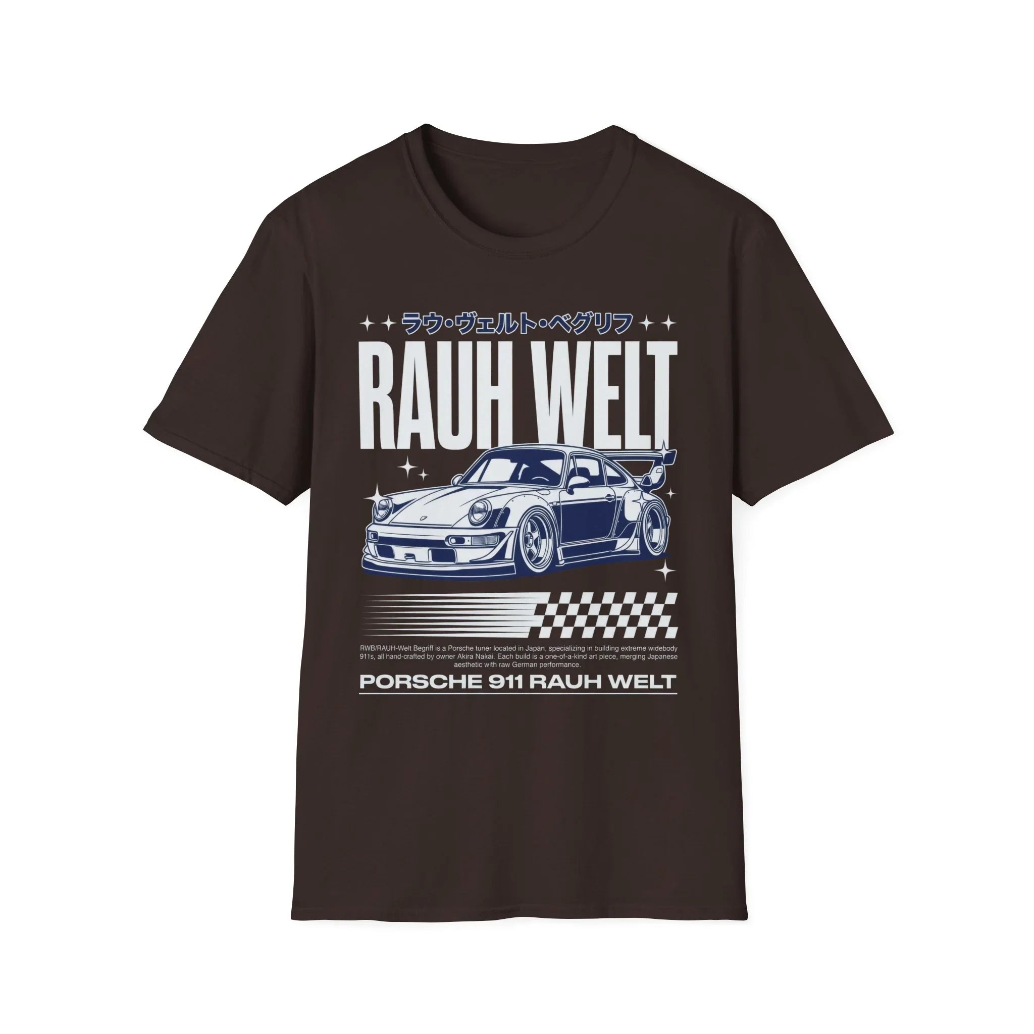 Rauh Welt Porsche 911 graphic t-shirt with bold text and car illustration