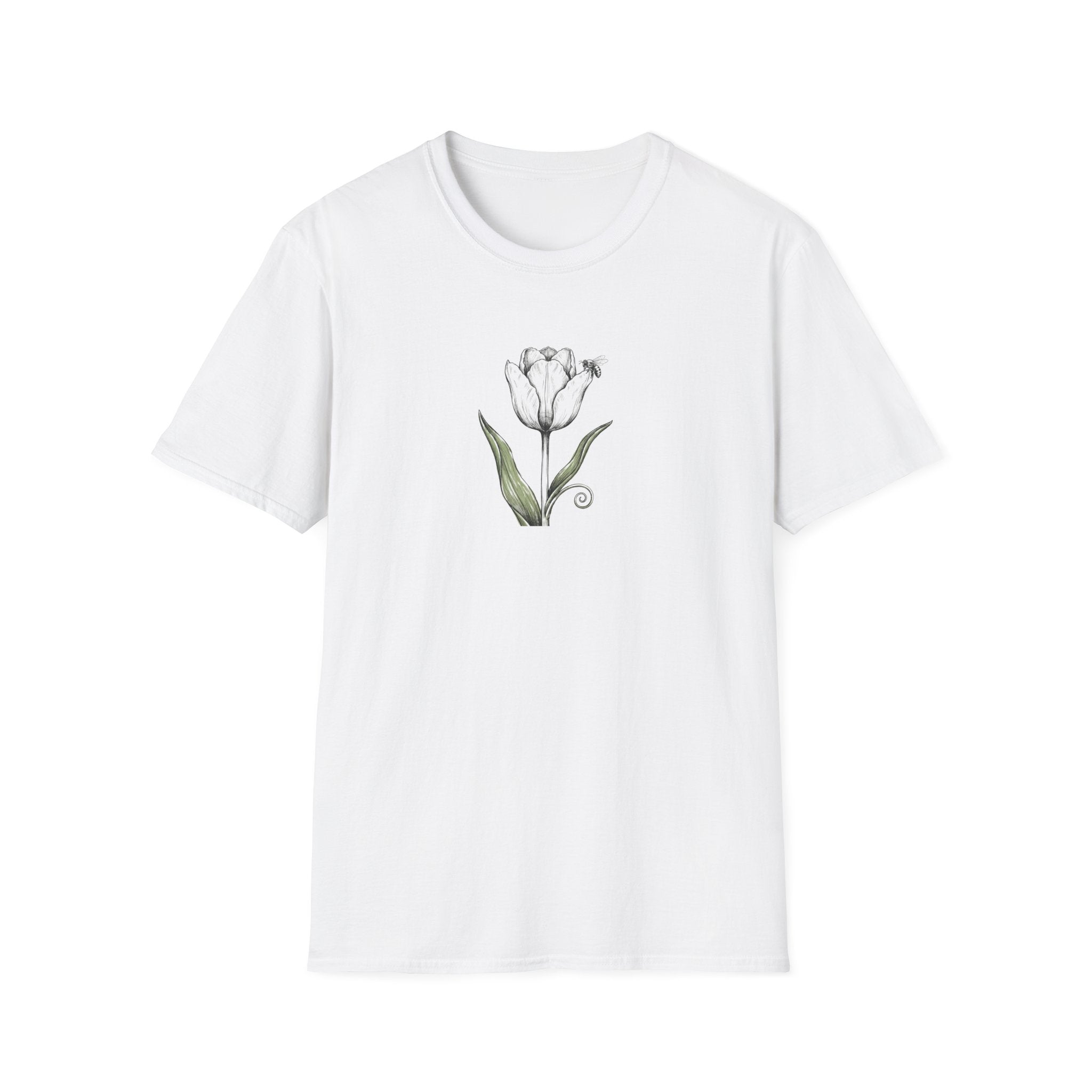 Minimalist White Tulip and Bee Unisex T-Shirt - Vintage Botanical Flower Graphic Tee