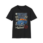 Vintage race t-shirt with blue classic car, checkered flags, and 'Air Cooled' text design