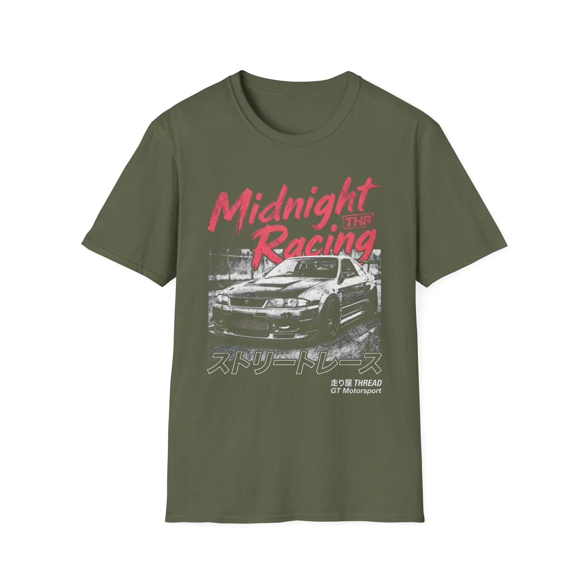 Olive green t-shirt with 'Midnight Racing' graphic and Japanese text, featuring a classic sports car design.