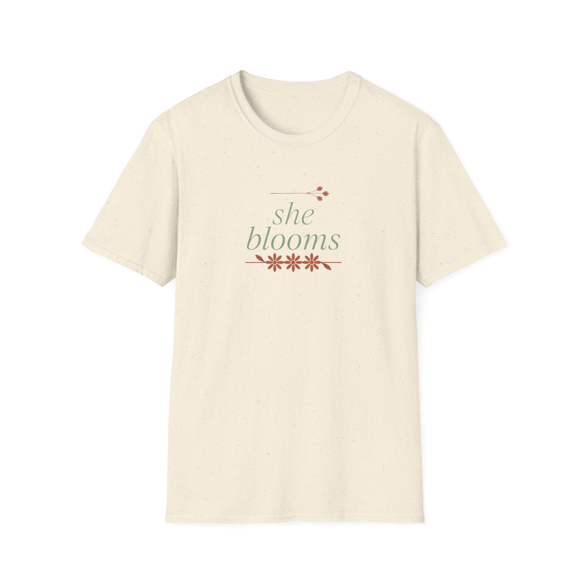 "She Blooms" Unisex T-Shirt – Inspirational Floral Botanical Tee