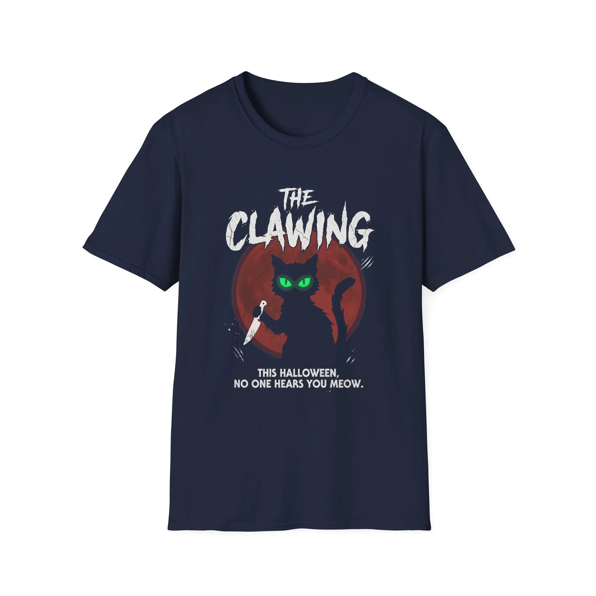 Halloween cat t-shirt with 'The Clawing' design and green eyes on red moon background