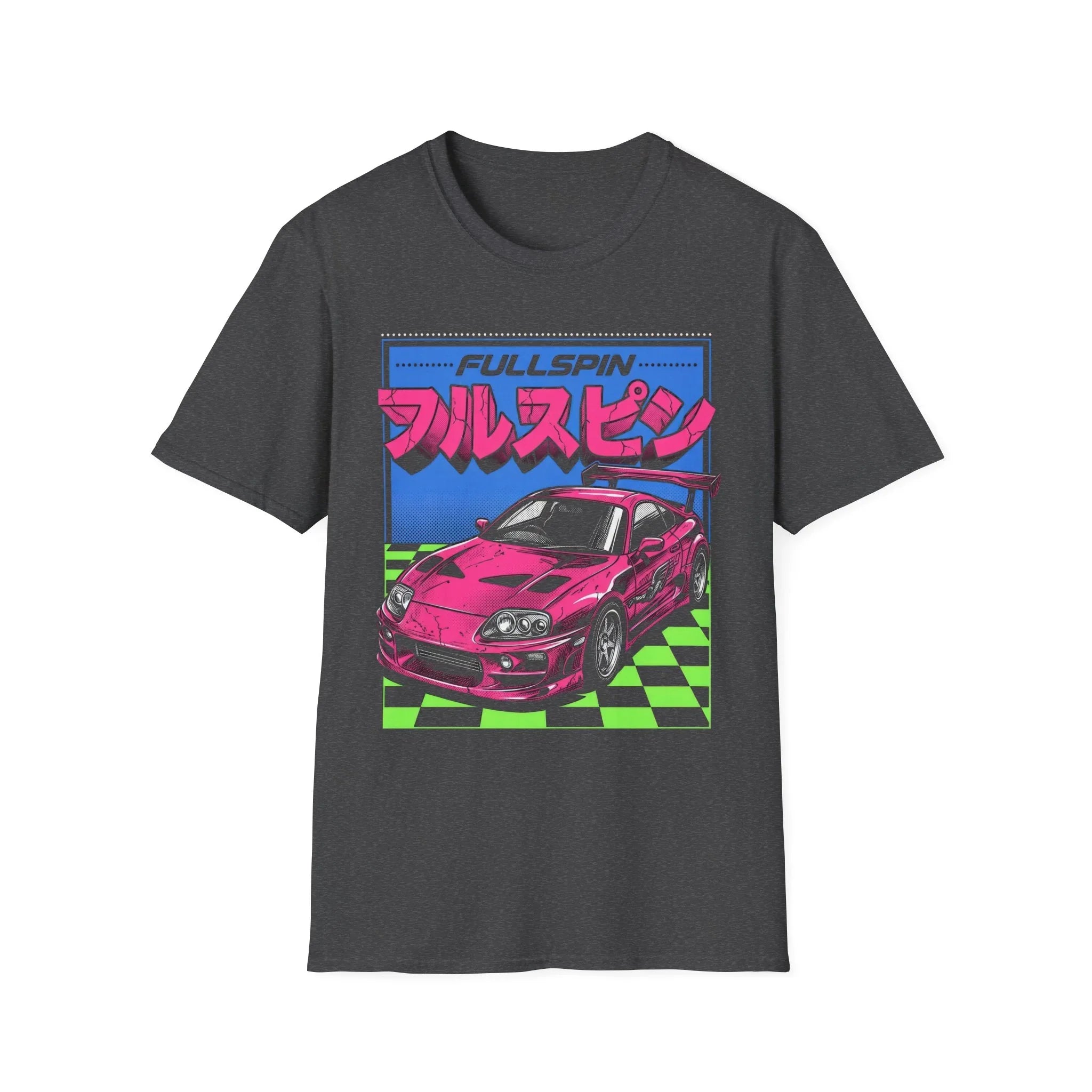 Pink sports car graphic t-shirt with 'FULLSPIN' text and checkered background