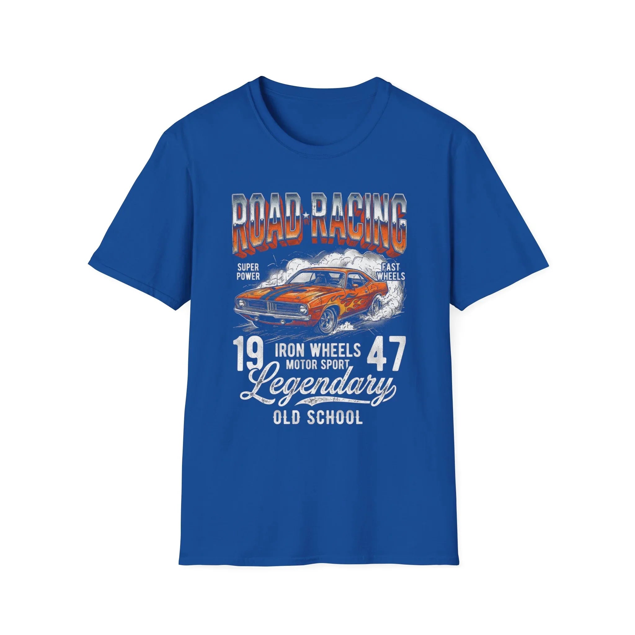 Blue t-shirt with vintage road racing car graphic, 'Road Racing' text, and '1947 Legendary Old School' design