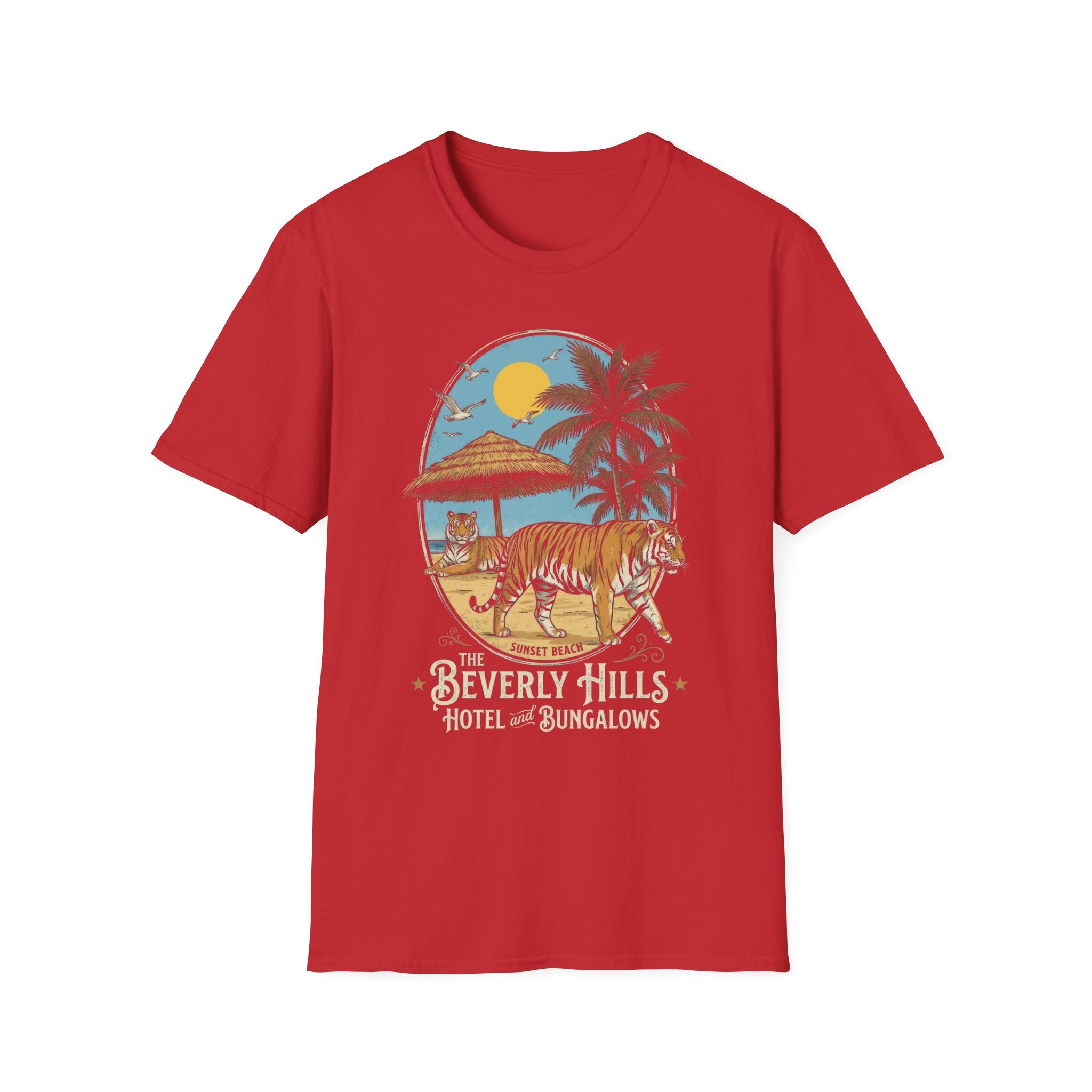 Vintage Sunset Beach Tiger Graphic T-Shirt - Beverly Hills Hotel Style