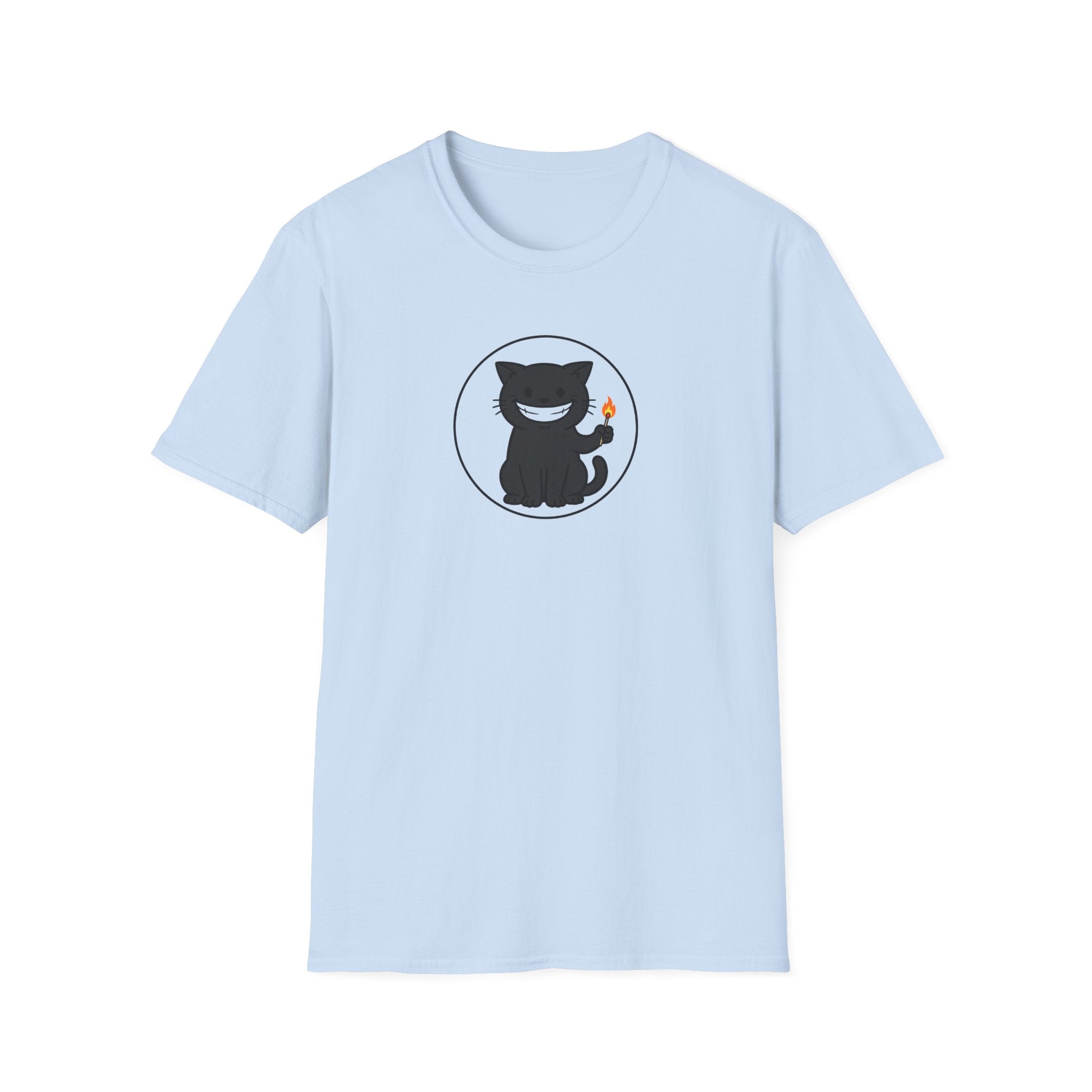Mischievous Black Cat Holding Match T-Shirt - Funny Arson Cat White Tee