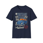Vintage race t-shirt with blue classic car, checkered flags, and 'Air Cooled' text design