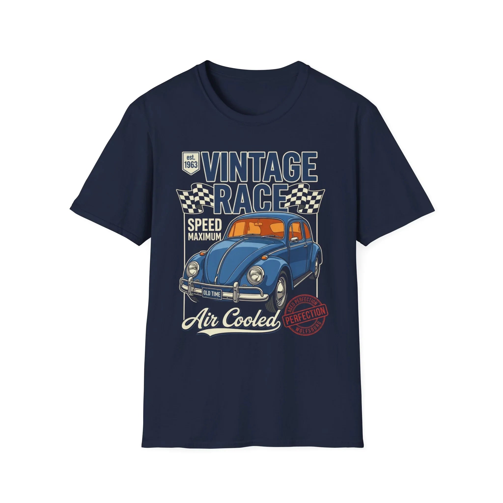 Vintage race t-shirt with blue classic car, checkered flags, and 'Air Cooled' text design