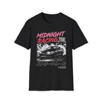 Black t-shirt with 'Midnight Racing' graphic, featuring a street race car and Japanese text design.
