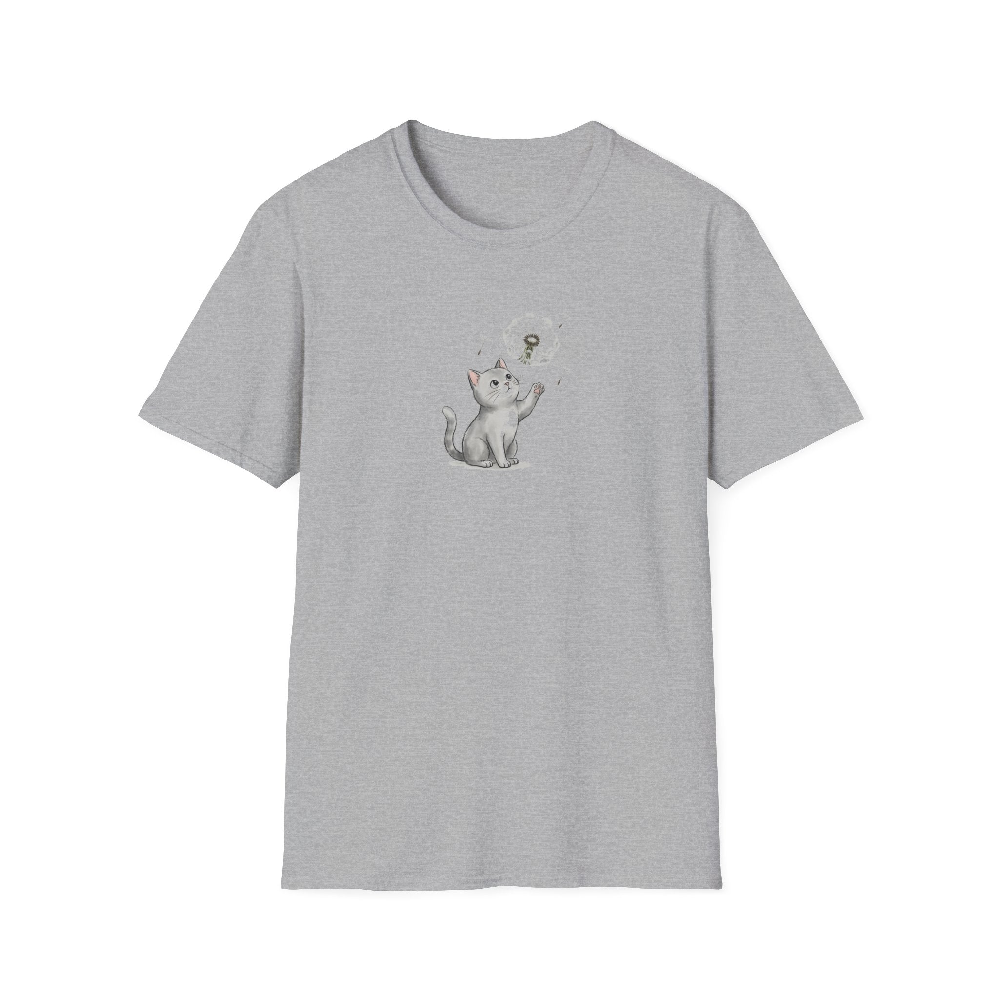 Whimsical Cat and Dandelion Unisex T-Shirt – Cute Kitten Graphic Tee