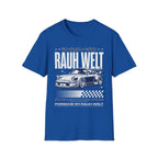 Blue t-shirt featuring RAUH WELT Begriff Porsche 911 graphic with Japanese text and checkered flag design