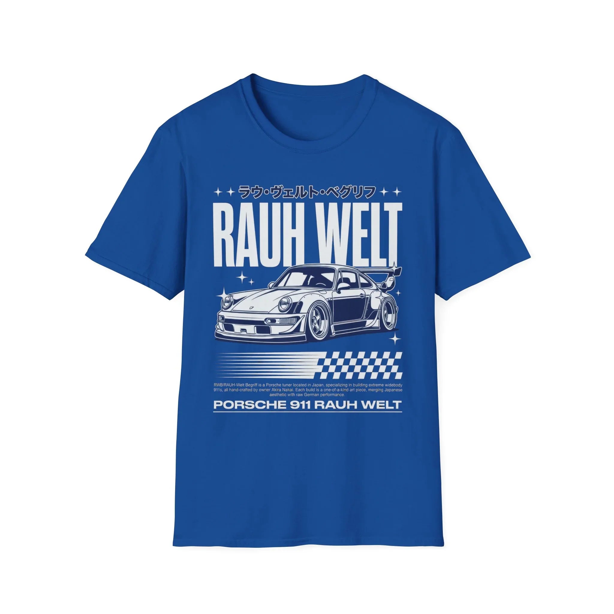 Blue t-shirt featuring RAUH WELT Begriff Porsche 911 graphic with Japanese text and checkered flag design