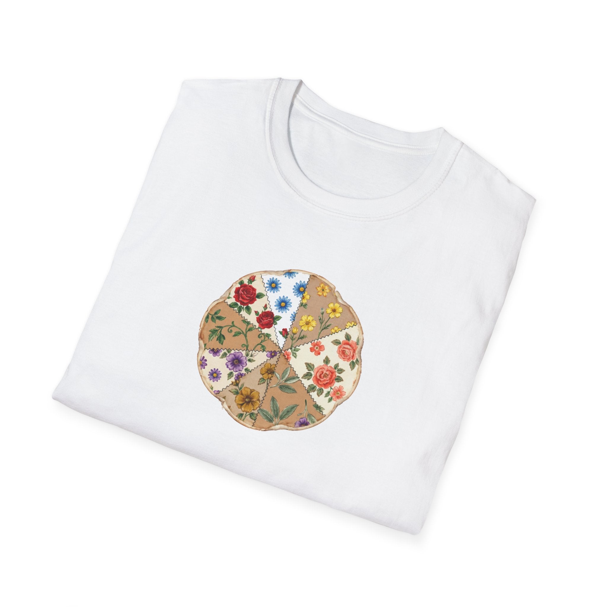 Vintage Floral Patchwork Pizza Unisex T-Shirt – Cottagecore Graphic Tee