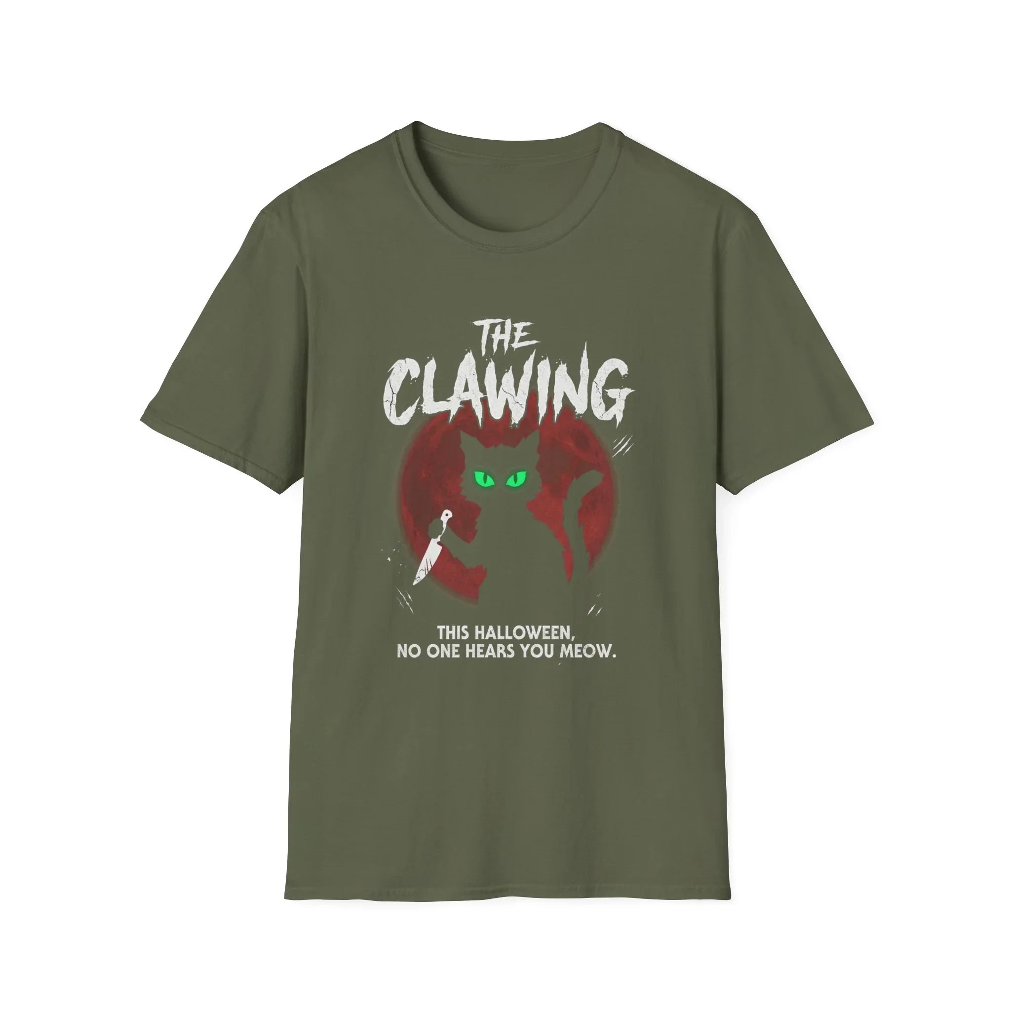 Green Halloween t-shirt with cat design, 'The Clawing' text, and spooky green eyes.